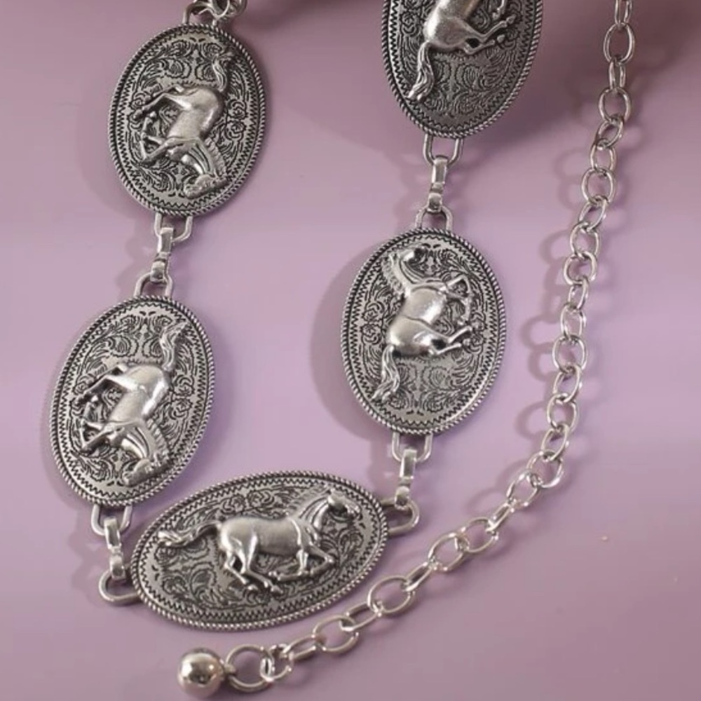 Horse themed chain belt silver toned country western coastal cowgirl - Picture 3 of 8